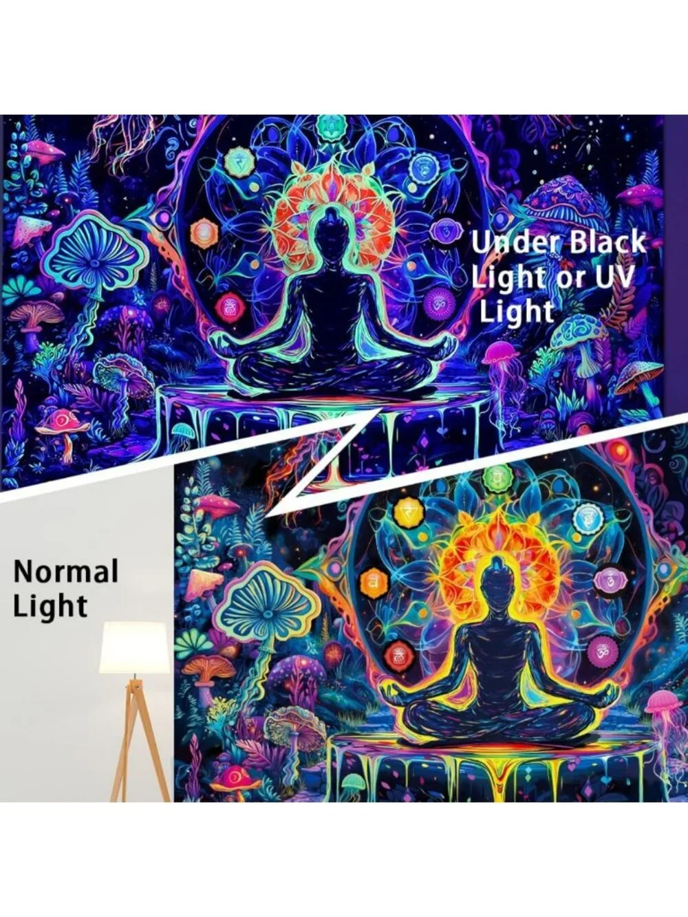 Blacklight Chakra Yoga Tapestry - UV Reactive Mandala Wall Hanging for Bedroom
